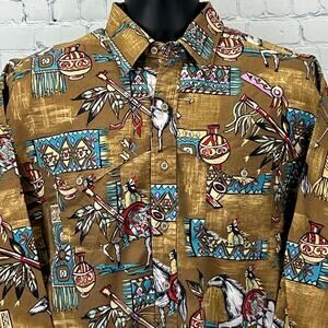 Vintage Panhandle Slim Button Front Shirt Native American Indian Brown M Medium